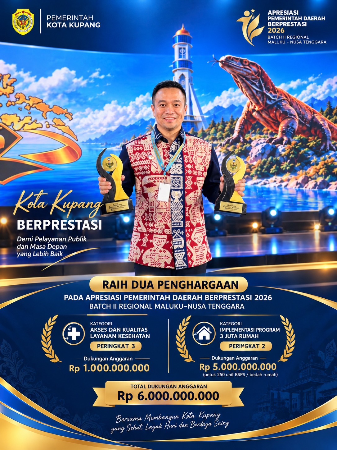 Dapat 2 Penghargaan sekaligus Pada Apresiasi Pemda Berprestasi, Walikota Kupang bawa pulang Rp. 6M bangun Kota Kupang